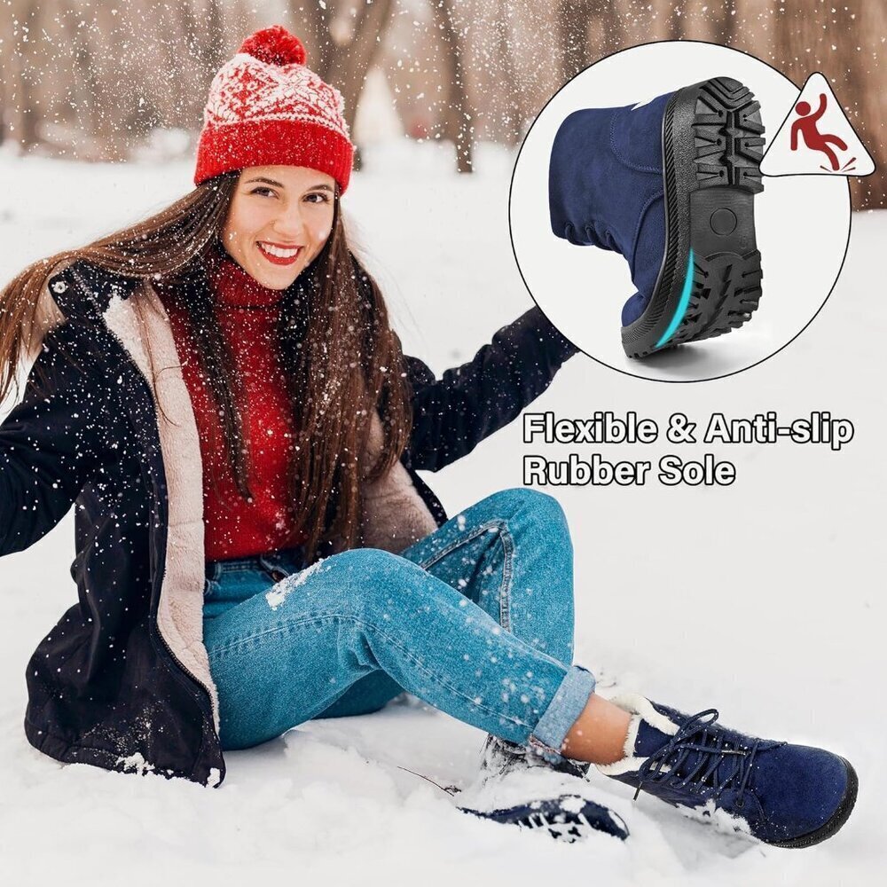 Alicegana Women's Winter Boots Snow Warm Fur Lined Lace Up Blue Non Slip Boots - Picture 2 of 5
